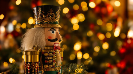 Fototapeta premium Nussknacker vor weihnachtlichem Lichterbokeh – traditionelle Weihnachtsdekoration in warmem Ambiente