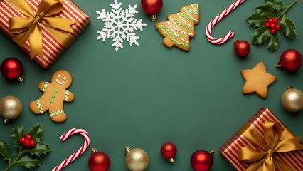 Festive Christmas Flat Lay Border with Gingerbread Cookies, Ornaments, and Gifts on Dark Green Background
