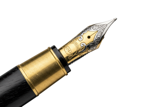 Macro of a luxury fountain pen with a 14k gold nib, brass, and ebony wood on a white background with copy space, cinematic lighting, concept of luxury craftsmanship