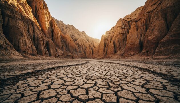 Dry cracked desert earth in a canyon leads towards rugged rock formations illuminated by a warm, golden sunset, creating a dramatic and arid landscape view from a low angle - Powered by Adobe