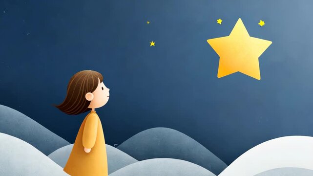Little girl's journey to reach a shining star in a dreamy sky landscape