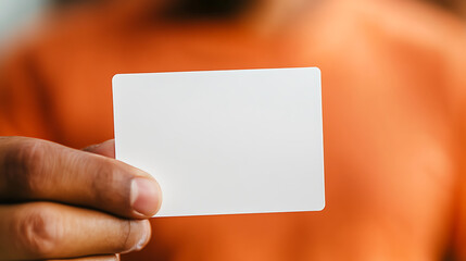 Hand holding a white card against an orange background. Perfect for business cards, invitations, or personalized notes. Clean design. Add your unique touch!