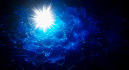 Obraz premium Vibrant burst of light illuminating a mysterious deep blue abstract texture, creating an ethereal and energetic cosmic background for modern design concepts