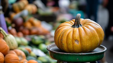 Autumn's harvest bounty: A vibrant orange pumpkin rests on a vintage scale amidst a colorful array of assorted gourds, embodying the essence of seasonal abundance.