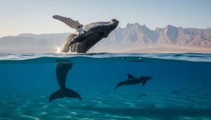Majestic humpback whale breaching spectacularly from the ocean with a dolphin swimming peacefully below in a stunning over-under split shot view of marine life