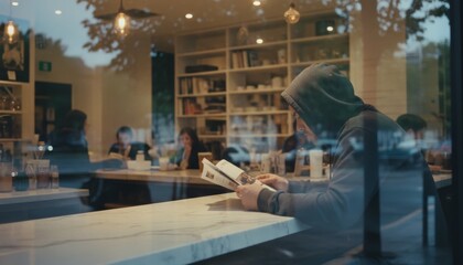 Young man wearing a dark hooded sweatshirt reads a magazine while sitting at a sleek marble counter inside a modern, cozy coffee shop with warm evening light