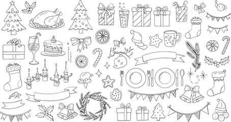 Whimsical hand drawn collection of festive holiday and christmas themed illustrations