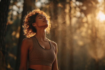 Hispanic woman doing a gentle yoga flow on a forest trail at golden hour. Calm, authentic outdoor wellness moment, natural movement. Woman practicing yoga, outdoors, healthy lifestyle. Diversity.