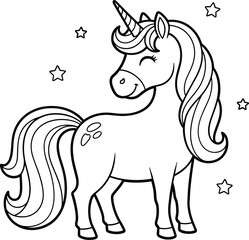 Whimsical unicorn coloring page with stars for children