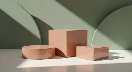 Peach Podium Product Display Stand Green Background Copy Space