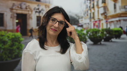 Woman wearing glasses and white blouse pointing finger to head on city street; thinking contemplation.