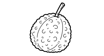 Black and white line art drawing of a single lychee fruit.