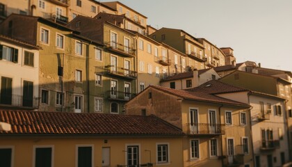 Naklejka premium Old colorful European residential buildings with terracotta roofs and small balconies are stacked on a hillside, bathed in the warm, golden light of a late afternoon sun