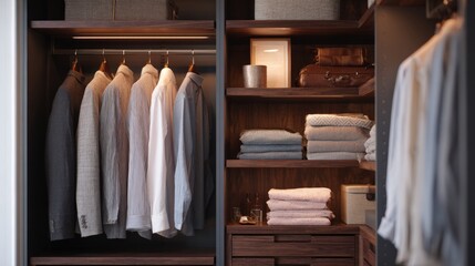 Modern and luxurious walk-in closet with wooden shelves and drawers. on the left side of the image, there are several rows of clothes hanging on wooden hangers.