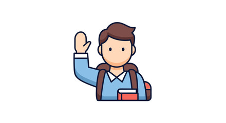 Cartoon illustration of a student raising hand with backpack.