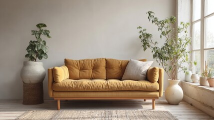 Naklejka premium Modern living room with a large window on the right side. the window has white frames and is letting in natural light. on the left side of the window, there is a large potted plant with green leaves.