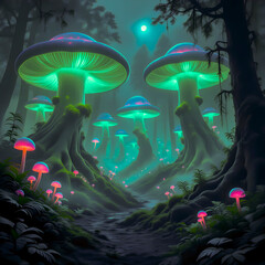 A pathway through a magical mushroom forest.