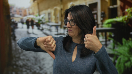 Woman smiling shows both thumbs up and thumbs down gesture on street in color; indecision contrast...