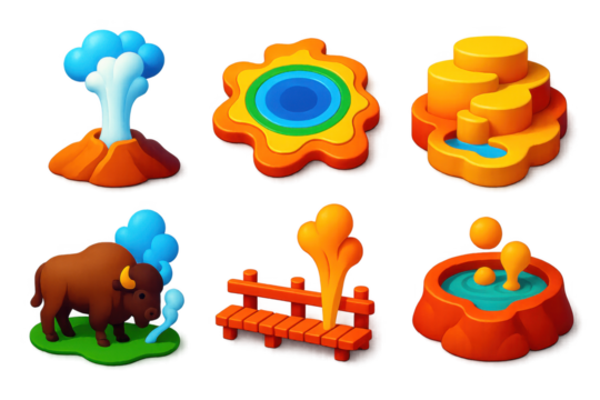 Set of six icons of various natural features, including a buffalo, a volcano