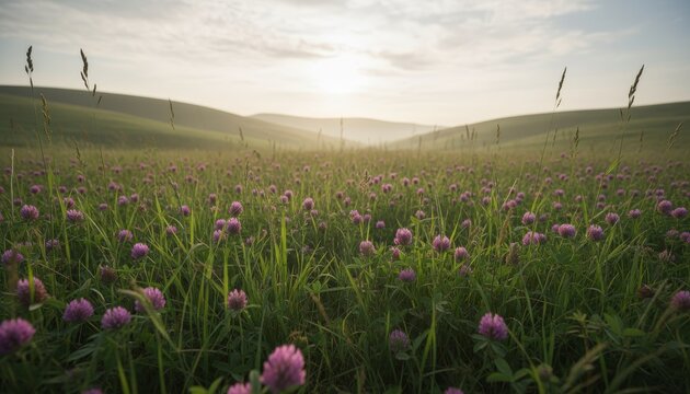 Beautiful field of purple clover flowers blooming on rolling green hills during a serene and hazy sunrise, with soft morning light creating a peaceful and tranquil landscape