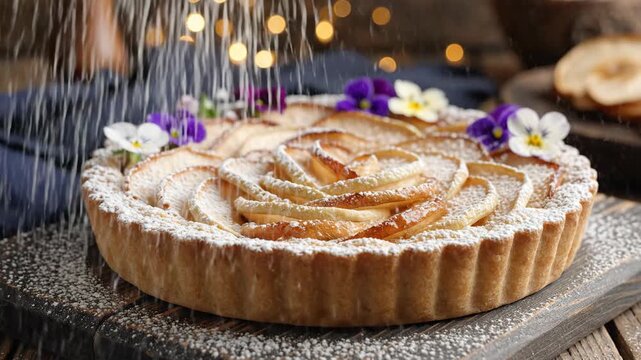 Delicious homemade apple tart being dusted with powdered sugar and garnished with edible flowers on a rustic wooden board with bokeh lights