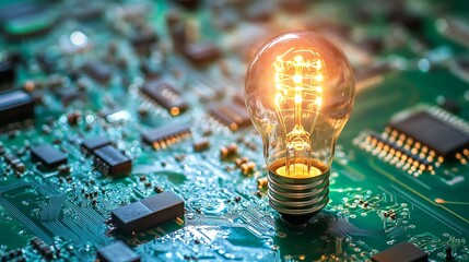 Brilliant lightbulb shining on a modern circuit board, symbolizing innovation, new ideas, and technology breakthroughs in the digital age