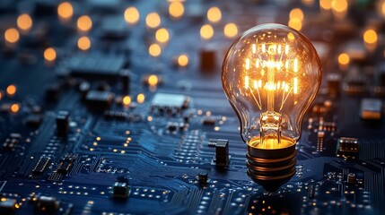 Innovative technology concept with glowing lightbulb atop a sophisticated circuit board displaying power and ingenuity in the digital age