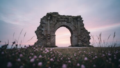 Ancient weathered stone archway ruin stands on a grassy hill with blurred pink wildflowers in the foreground during a serene pastel sunset