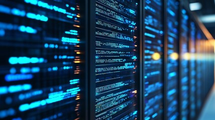 Secure servers displaying digital data, perfect for illustrating cybersecurity, cloud computing, and modern technology solutions for your business