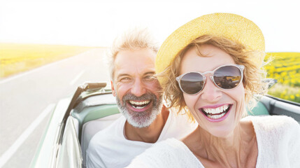 Smiling senior couple having fun on a road trip, driving a convertible, enjoying adventure and togetherness in summer