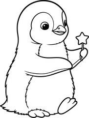 Adorable baby penguin holding a star wand in a simple line drawing