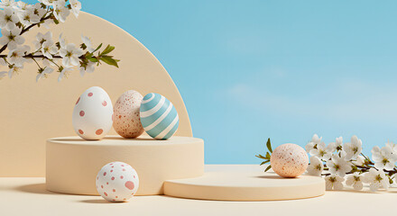 Chic pastel Easter egg arrangement on stylish plinths surrounded by blooming branches, capturing the essence of spring holidays and new beginnings