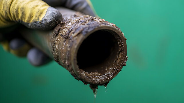 A gloved hand holds a corroded pipe, revealing accumulated deposits inside. Water droplets hang, indicating potential leaks and age damage; set against a green background for contrast.
