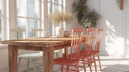 Dining room with a wooden table and six chairs. the table is rectangular in shape and has a light brown finish.