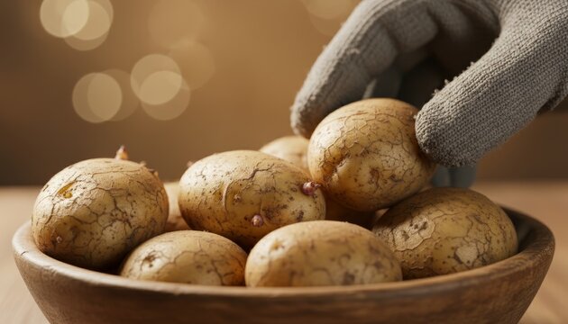 Freshly harvested raw potatoes with sprouts in a rustic wooden bowl are being carefully sorted by a hand wearing a grey work glove in warm, soft lighting