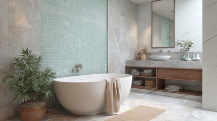 Modern bathroom with a large freestanding bathtub in the center. the bathtub is white and has a gold faucet. it is surrounded by a tiled wall with light blue tiles.