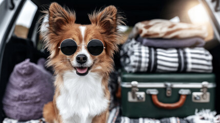 Happy chihuahua dog with round sunglasses sitting in car trunk, ready for an exciting travel adventure
