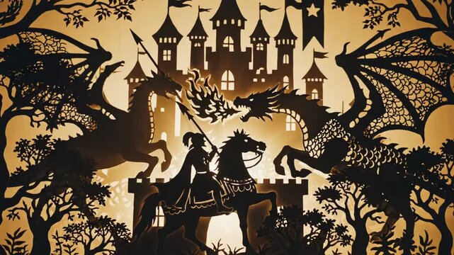 silhouette knight on horseback near castle, valiant rider faces looming dragon in golden backlight, paper-cut shadow style with gnarled trees and distant turrets, tense standoff, flickering flame