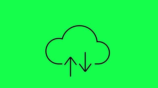 Animated cloud icon set featuring upload, download, sync, security, and storage symbols. Green screen compatible looped animations for tech, cloud computing, and data services.