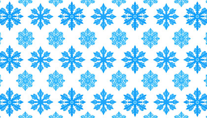 Seamless pattern featuring bright blue stylized snowflakes and intricate ice crystal designs on a white background
