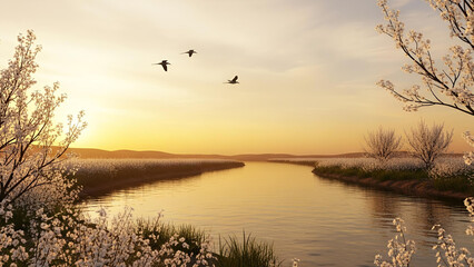 Golden Hour Peaceful River With Birds