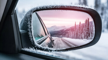 Car side mirror coated with intricate frost, reflecting a perspective of a snowy winter forest road and majestic mountains at sunrise
