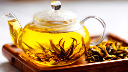 Glass teapot steeping a herbal tea infusion, highlighting the natural components for a comforting, nutritious, and revitalizing beverage