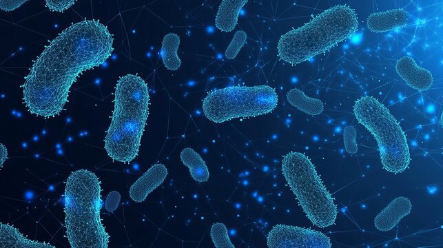 Stunning microscopic view of digital bacteria cells for pharmaceutical research and science education, visualize the future of medicine and health