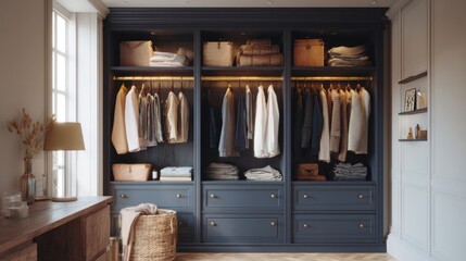 Modern and luxurious walk-in closet with a large wooden wardrobe. the wardrobe is dark blue in color and has multiple shelves and drawers for storage.