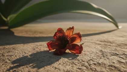 Single dried red withered flower lies on a textured stone surface in warm golden hour sunlight, casting a long, delicate shadow with a soft focus green leaf nearby