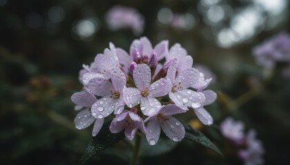Beautiful cluster of delicate purple flowers covered with glistening water droplets after a rain shower, captured in a moody, cinematic close-up with soft, natural lighting