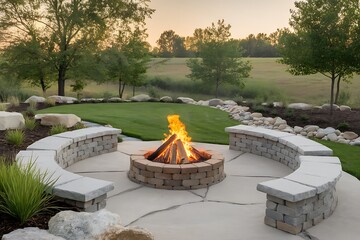 Cozy Outdoor Fire Pit with Circular Seating Area Surrounded by Lush Greenery Provides a Relaxing and Inviting Space