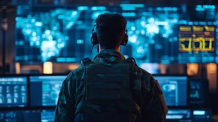 Intense cybersecurity professional monitoring digital threats on screens in a dark command center, safeguarding data with vigilance and expertise