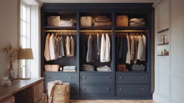 Modern and luxurious walk-in closet with a large wooden wardrobe. the wardrobe is dark blue in color and has multiple shelves and drawers for storage. - Powered by Adobe